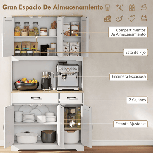 HOMCOM Armário de Cozinha Alto Móvel Auxiliar de Cozinha com 6 Portas Bancada Aberta para Micro-Ondas 2 Gavetas Prateleiras Ajustáveis Orifício para Cabo 94x39,5x175,2 cm Branco