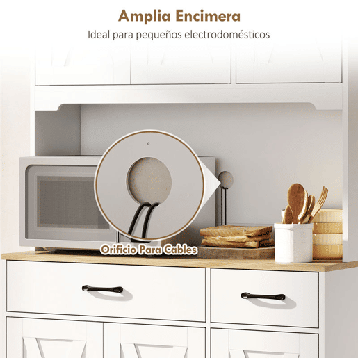 HOMCOM Armário de Cozinha Alto Móvel Auxiliar de Cozinha com 6 Portas Bancada Aberta para Micro-Ondas 2 Gavetas Prateleiras Ajustáveis Orifício para Cabo 94x39,5x175,2 cm Branco