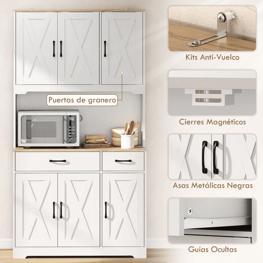 HOMCOM Armário de Cozinha Alto Móvel Auxiliar de Cozinha com 6 Portas Bancada Aberta para Micro-Ondas 2 Gavetas Prateleiras Ajustáveis Orifício para Cabo 94x39,5x175,2 cm Branco
