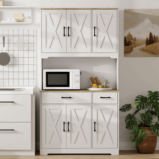 HOMCOM Armário de Cozinha Alto Móvel Auxiliar de Cozinha com 6 Portas Bancada Aberta para Micro-Ondas 2 Gavetas Prateleiras Ajustáveis Orifício para Cabo 94x39,5x175,2 cm Branco