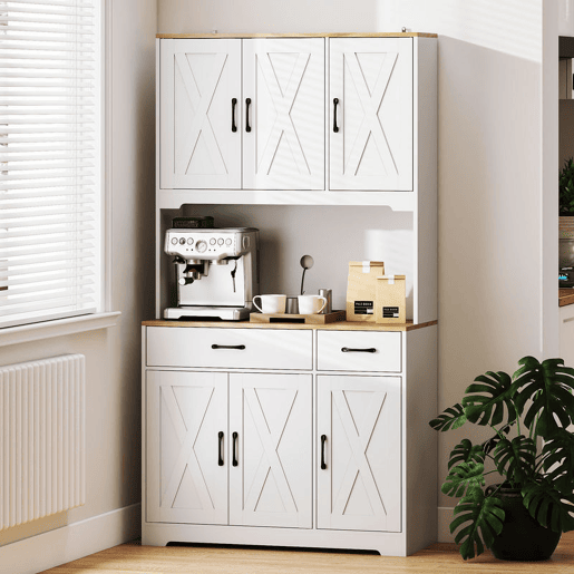 HOMCOM Armário de Cozinha Alto Móvel Auxiliar de Cozinha com 6 Portas Bancada Aberta para Micro-Ondas 2 Gavetas Prateleiras Ajustáveis Orifício para Cabo 94x39,5x175,2 cm Branco