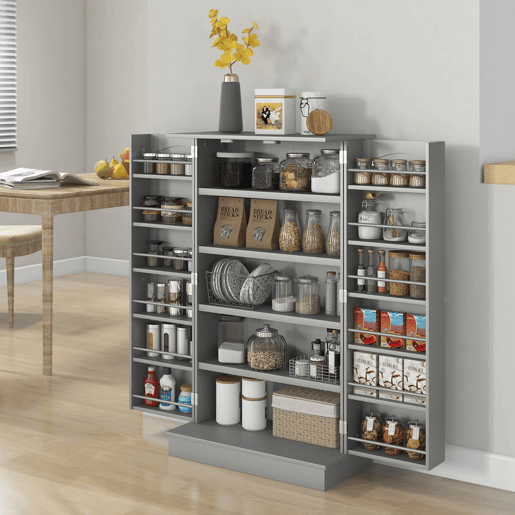HOMCOM Armário de Cozinha, Armário Despensa de Cozinha com 2 Portas, 16 Prateleiras, Design Moderno, com Prateleiras Ajustáveis, para Sala de Jantar, Sala, 60x30x104 cm, Cinzento