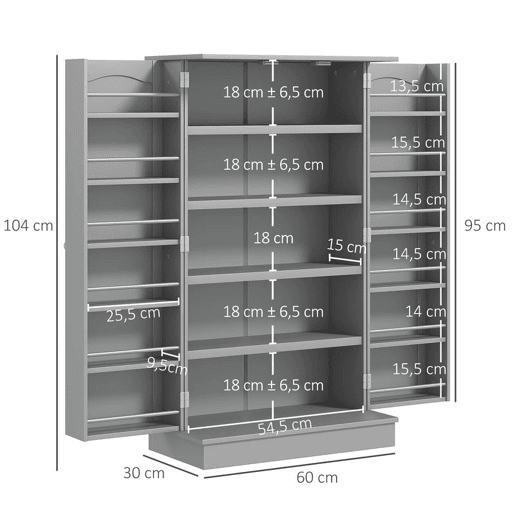 HOMCOM Armário de Cozinha, Armário Despensa de Cozinha com 2 Portas, 16 Prateleiras, Design Moderno, com Prateleiras Ajustáveis, para Sala de Jantar, Sala, 60x30x104 cm, Cinzento