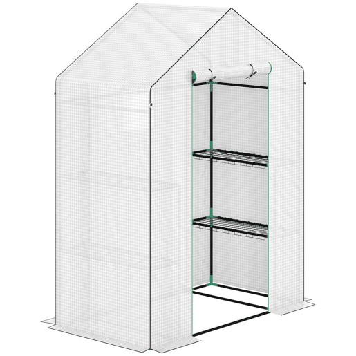 Outsunny Estufa de Jardim Pequena de 3 Níveis com 6 Prateleiras Porta Enrolável Capa de PE e Estrutura de Aço para Cultivo de Plantas e Flores 143x74x190 cm Branco