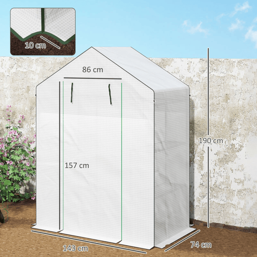 Outsunny Estufa de Jardim Pequena de 3 Níveis com 6 Prateleiras Porta Enrolável Capa de PE e Estrutura de Aço para Cultivo de Plantas e Flores 143x74x190 cm Branco
