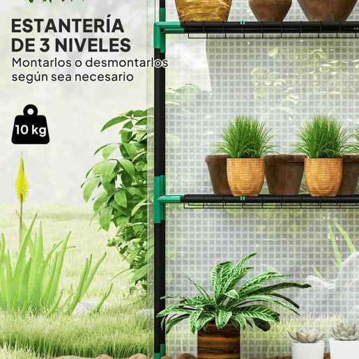 Outsunny Estufa de Jardim Pequena de 3 Níveis com 6 Prateleiras Porta Enrolável Capa de PE e Estrutura de Aço para Cultivo de Plantas e Flores 143x74x190 cm Branco