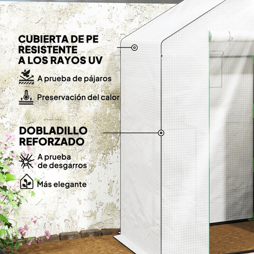 Outsunny Estufa de Jardim Pequena de 3 Níveis com 6 Prateleiras Porta Enrolável Capa de PE e Estrutura de Aço para Cultivo de Plantas e Flores 143x74x190 cm Branco
