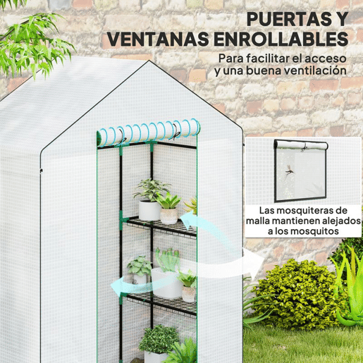 Outsunny Estufa de Jardim Pequena de 3 Níveis com 6 Prateleiras Porta Enrolável Capa de PE e Estrutura de Aço para Cultivo de Plantas e Flores 143x74x190 cm Branco