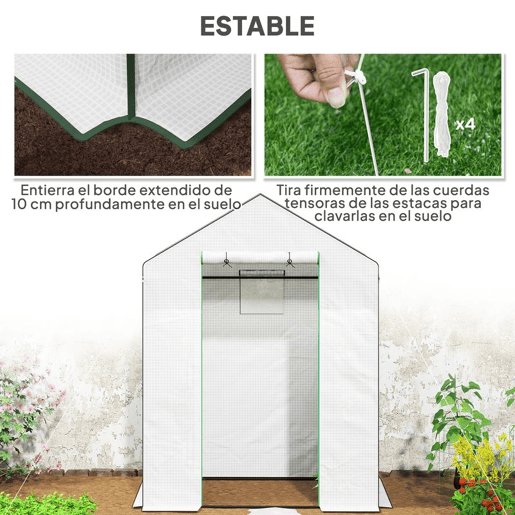 Outsunny Estufa de Jardim Pequena de 3 Níveis com 6 Prateleiras Porta Enrolável Capa de PE e Estrutura de Aço para Cultivo de Plantas e Flores 143x74x190 cm Branco