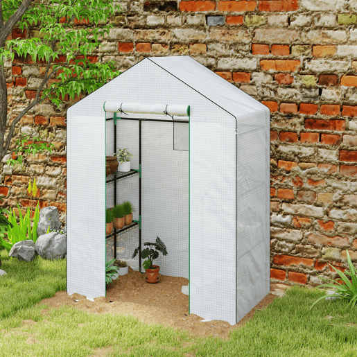 Outsunny Estufa de Jardim Pequena de 3 Níveis com 6 Prateleiras Porta Enrolável Capa de PE e Estrutura de Aço para Cultivo de Plantas e Flores 143x74x190 cm Branco