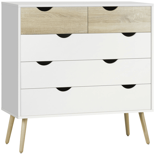 HOMCOM Cómoda com 5 Gavetas Cómoda de Quarto com Pés de Madeira Cómoda para Sala Escritório Estilo Nórdico 99x39x101 cm Branco e Carvalho