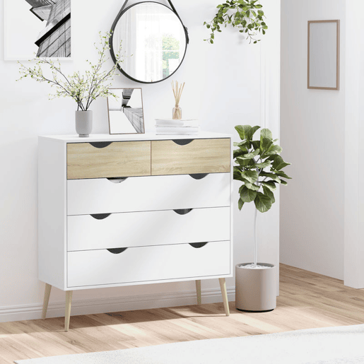 HOMCOM Cómoda com 5 Gavetas Cómoda de Quarto com Pés de Madeira Cómoda para Sala Escritório Estilo Nórdico 99x39x101 cm Branco e Carvalho