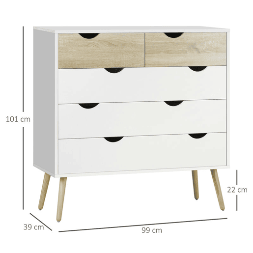 HOMCOM Cómoda com 5 Gavetas Cómoda de Quarto com Pés de Madeira Cómoda para Sala Escritório Estilo Nórdico 99x39x101 cm Branco e Carvalho