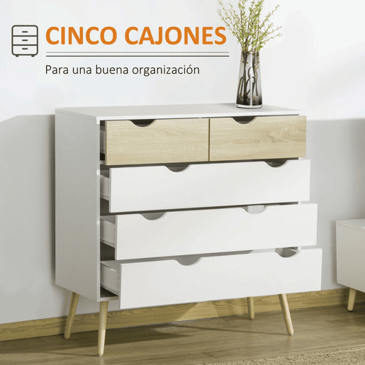 HOMCOM Cómoda com 5 Gavetas Cómoda de Quarto com Pés de Madeira Cómoda para Sala Escritório Estilo Nórdico 99x39x101 cm Branco e Carvalho