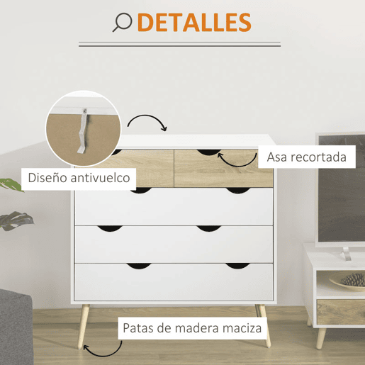 HOMCOM Cómoda com 5 Gavetas Cómoda de Quarto com Pés de Madeira Cómoda para Sala Escritório Estilo Nórdico 99x39x101 cm Branco e Carvalho