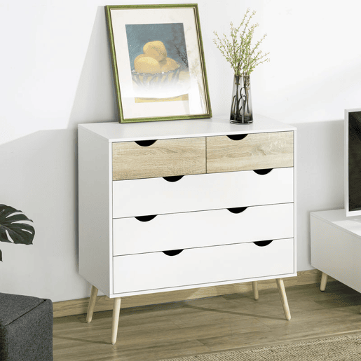 HOMCOM Cómoda com 5 Gavetas Cómoda de Quarto com Pés de Madeira Cómoda para Sala Escritório Estilo Nórdico 99x39x101 cm Branco e Carvalho