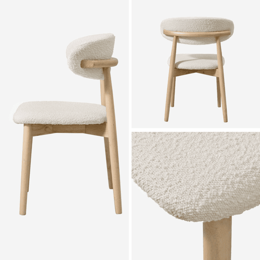 Cadeira em madeira de borracha e tecido boucle, set de 2, Paola, Natural, 57x50.5x79 cm Cadeira em madeira de borracha e tecido boucle, set de 2, Paola, Natural, 57x50.5x79 cm