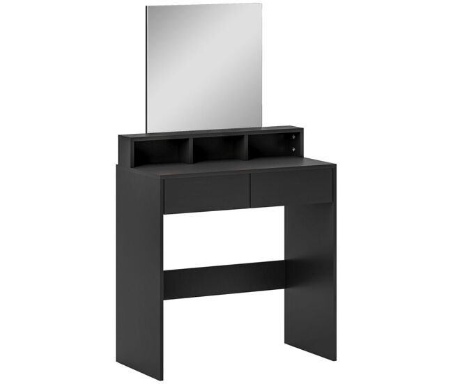Homcom tocador de maquillaje con espejo, tocador con 2 cajones, 3 compartimentos abiertos, mesa de maquillaje para espacios pequeños, dormitorio, 75x38x135 cm, negro