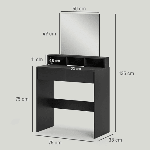 HOMCOM Toucador de Maquilhagem com Espelho Toucador com 2 Gavetas 3 Compartimentos Toucador para Dormitório 75x38x135 cm Preto