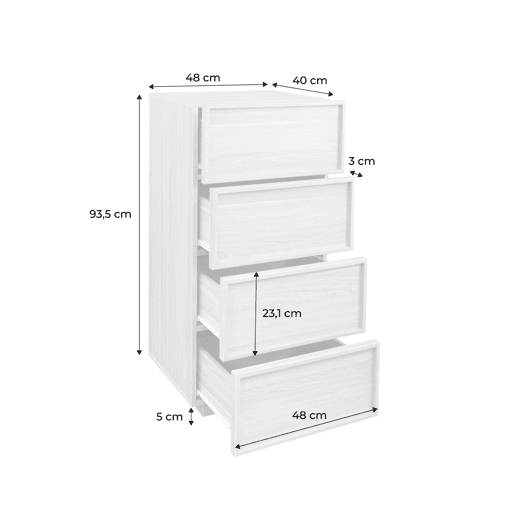Cômoda gaveteiro em efeito madeira, 4 gavetas, Kuba, Natural, 48x43x98.5 cm