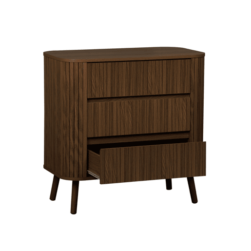 Cómoda, decoração estriada natural de 3 gavetas, Legacy, Madeira de nogueira, 80x45x80 cm Cómoda, decoração estriada natural de 3 gavetas, Legacy, Madeira de nogueira, 80x45x80 cm