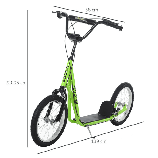 HOMCOM Trotinete para Crianças acima de 5 Anos e Adolescentes com Guiador Ajustável em Altura 2 Pneus de Borracha Insufláveis com Travagem Dupla e Rodas 16 Carga 100 kg 139x58x90-96 cm Verde