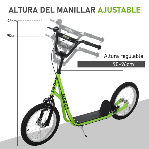 HOMCOM Trotinete para Crianças acima de 5 Anos e Adolescentes com Guiador Ajustável em Altura 2 Pneus de Borracha Insufláveis com Travagem Dupla e Rodas 16 Carga 100 kg 139x58x90-96 cm Verde