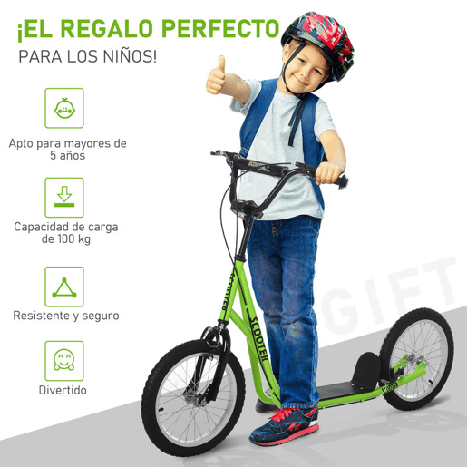 HOMCOM Trotinete para Crianças acima de 5 Anos e Adolescentes com Guiador Ajustável em Altura 2 Pneus de Borracha Insufláveis com Travagem Dupla e Rodas 16 Carga 100 kg 139x58x90-96 cm Verde