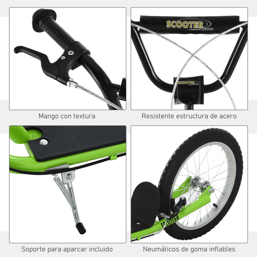 HOMCOM Trotinete para Crianças acima de 5 Anos e Adolescentes com Guiador Ajustável em Altura 2 Pneus de Borracha Insufláveis com Travagem Dupla e Rodas 16 Carga 100 kg 139x58x90-96 cm Verde