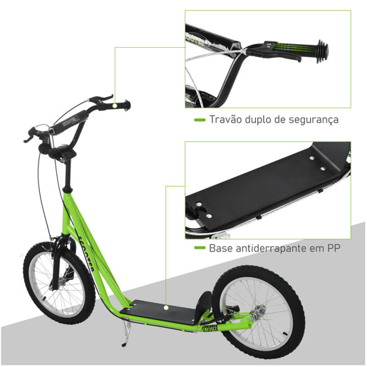 HOMCOM Trotinete para Crianças acima de 5 Anos e Adolescentes com Guiador Ajustável em Altura 2 Pneus de Borracha Insufláveis com Travagem Dupla e Rodas 16 Carga 100 kg 139x58x90-96 cm Verde