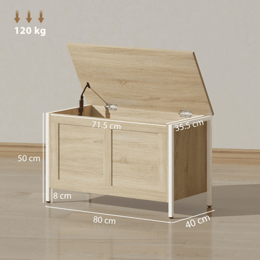 HOMCOM Baú de Armazenamento para Dormitório 95L Baú de Arrumação com Tampa Banco de Armazenamento Versátil com Dobradiça de Segurança para Corredor Sala de Estar 80x40x50 cm Madeira