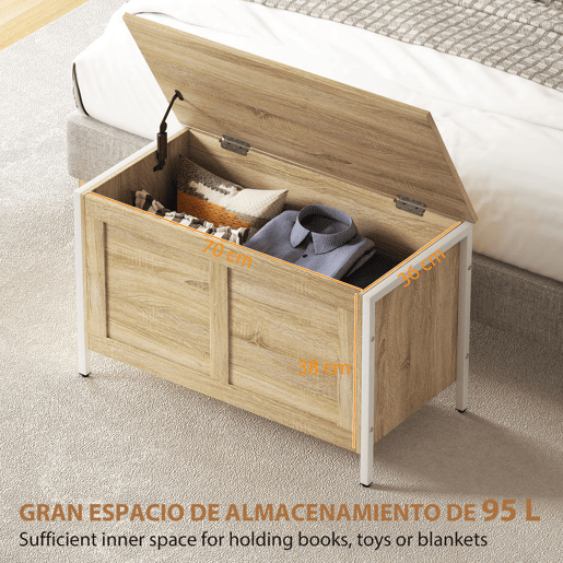 HOMCOM Baú de Armazenamento para Dormitório 95L Baú de Arrumação com Tampa Banco de Armazenamento Versátil com Dobradiça de Segurança para Corredor Sala de Estar 80x40x50 cm Madeira