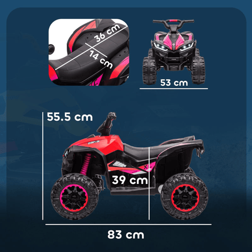 HOMCOM Quadriciclo Elétrico para Crianças de 3-5 Anos Veículo Eléctrico a Bateria 12V com 2 Motores Farol Música Velocidade Ajustável Avançar e Retroceder 83x53x55,5 cm Rosa