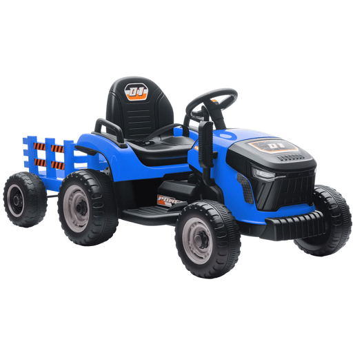 AIYAPLAY Trator Elétrico para Crianças com Reboque Desmontável Bateria 12V Velocidade 3-5 kmh Controle Remoto 2,4G Música Buzina para Crianças de 3-8 Anos 139x58x55 cm Azul