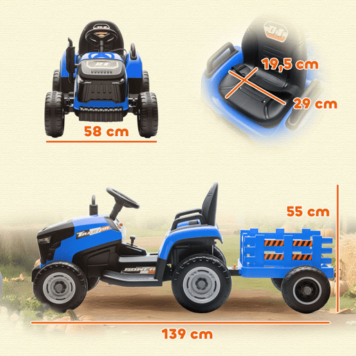 AIYAPLAY Trator Elétrico para Crianças com Reboque Desmontável Bateria 12V Velocidade 3-5 kmh Controle Remoto 2,4G Música Buzina para Crianças de 3-8 Anos 139x58x55 cm Azul