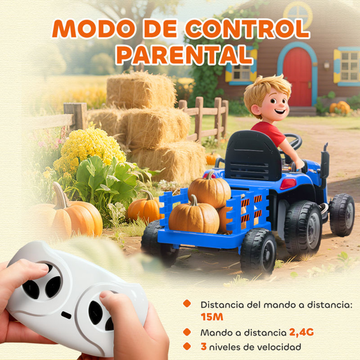AIYAPLAY Trator Elétrico para Crianças com Reboque Desmontável Bateria 12V Velocidade 3-5 kmh Controle Remoto 2,4G Música Buzina para Crianças de 3-8 Anos 139x58x55 cm Azul
