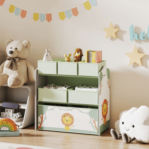 AIYAPLAY Estante Infantil para Brinquedos com 6 Caixas em Tecido Não Tecido Organizador de Brinquedos de 3 Níveis para Quarto Infantil Sala de Jogos Escola Infantil 63x30x66 cm Verde