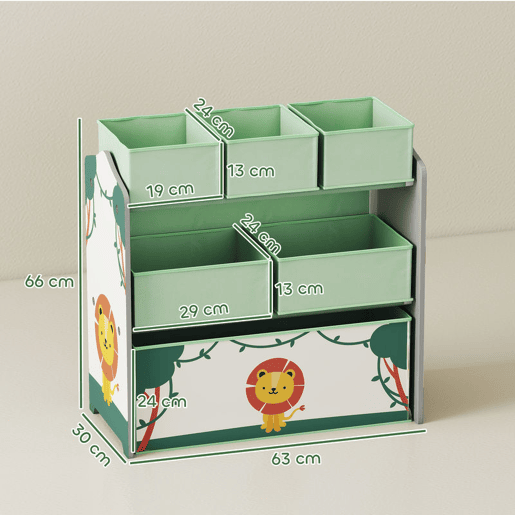 AIYAPLAY Estante Infantil para Brinquedos com 6 Caixas em Tecido Não Tecido Organizador de Brinquedos de 3 Níveis para Quarto Infantil Sala de Jogos Escola Infantil 63x30x66 cm Verde