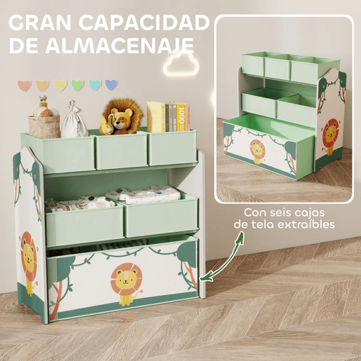 AIYAPLAY Estante Infantil para Brinquedos com 6 Caixas em Tecido Não Tecido Organizador de Brinquedos de 3 Níveis para Quarto Infantil Sala de Jogos Escola Infantil 63x30x66 cm Verde
