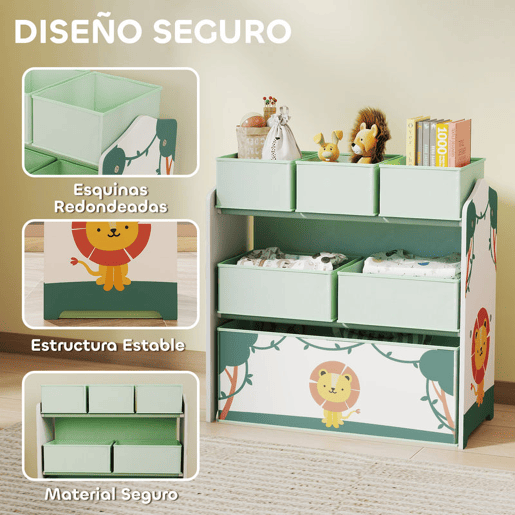 AIYAPLAY Estante Infantil para Brinquedos com 6 Caixas em Tecido Não Tecido Organizador de Brinquedos de 3 Níveis para Quarto Infantil Sala de Jogos Escola Infantil 63x30x66 cm Verde