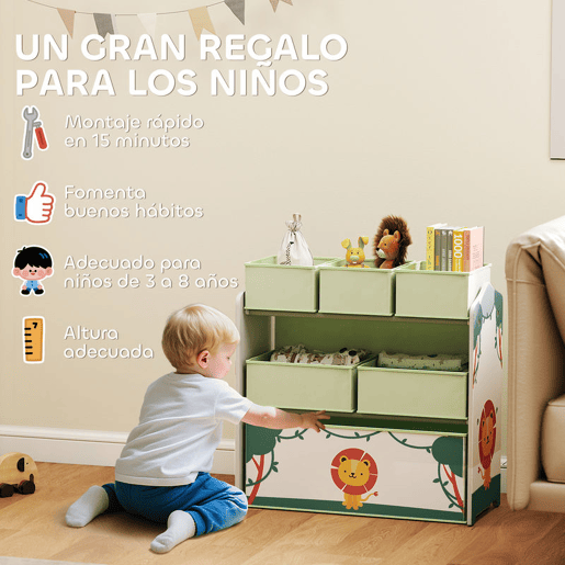 AIYAPLAY Estante Infantil para Brinquedos com 6 Caixas em Tecido Não Tecido Organizador de Brinquedos de 3 Níveis para Quarto Infantil Sala de Jogos Escola Infantil 63x30x66 cm Verde