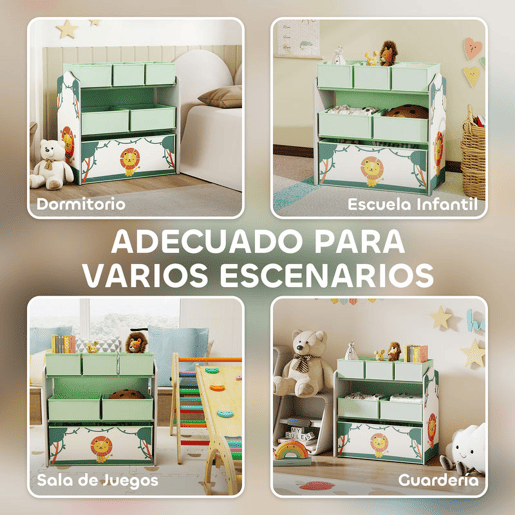AIYAPLAY Estante Infantil para Brinquedos com 6 Caixas em Tecido Não Tecido Organizador de Brinquedos de 3 Níveis para Quarto Infantil Sala de Jogos Escola Infantil 63x30x66 cm Verde