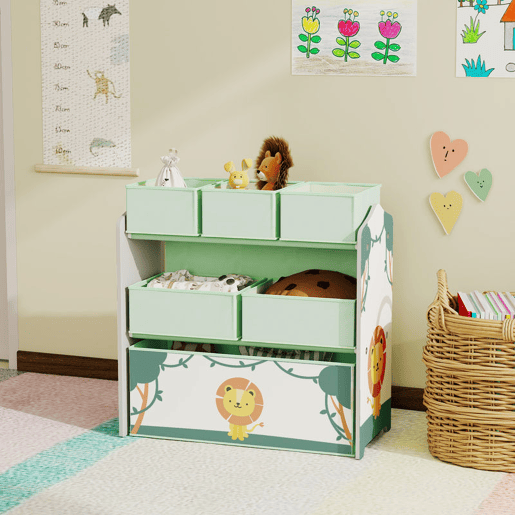 AIYAPLAY Estante Infantil para Brinquedos com 6 Caixas em Tecido Não Tecido Organizador de Brinquedos de 3 Níveis para Quarto Infantil Sala de Jogos Escola Infantil 63x30x66 cm Verde