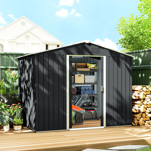 Outsunny Abrigo de Jardim de 3,6 m² 236x174x190 cm Abrigo de Exterior para Armazenamento de Ferramentas com Portas de Correr e 4 Janelas de Ventilação para Pátio Cinza