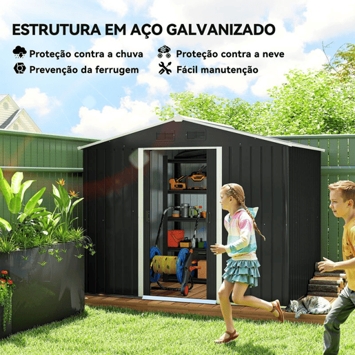 Outsunny Abrigo de Jardim de 3,6 m² 236x174x190 cm Abrigo de Exterior para Armazenamento de Ferramentas com Portas de Correr e 4 Janelas de Ventilação para Pátio Cinza