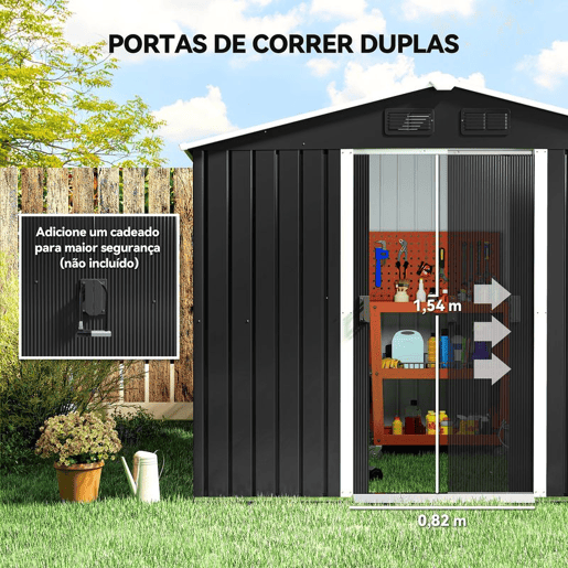 Outsunny Abrigo de Jardim de 3,6 m² 236x174x190 cm Abrigo de Exterior para Armazenamento de Ferramentas com Portas de Correr e 4 Janelas de Ventilação para Pátio Cinza