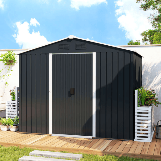 Outsunny Abrigo de Jardim de 3,6 m² 236x174x190 cm Abrigo de Exterior para Armazenamento de Ferramentas com Portas de Correr e 4 Janelas de Ventilação para Pátio Cinza