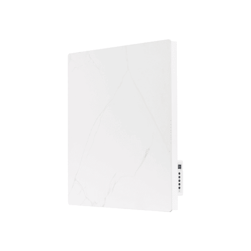 Emissor térmico com painel frontal em imitação de mármore de pedra sinterizada. Duplo sistema de emissão de calor por convecção e radiação. Inércia térmica graças à placa cerâmica frontal que acumula calor. Elemento de aquecimento em nano carbono. C