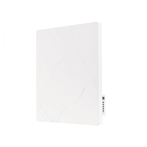 Emissor térmico com painel frontal em imitação de mármore de pedra sinterizada. Duplo sistema de emissão de calor por convecção e radiação. Inércia térmica graças à placa cerâmica frontal que acumula calor. Elemento de aquecimento em nano carbono. C