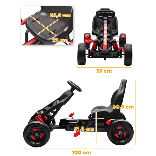 AIYAPLAY Kart a Pedais para Crianças a Partir dos 3 Anos Kart com Embraiagem Automática Travão Rodas Antiderrapantes em EVA e Estrutura Metálica Carga 50 kg 100x59x60,5 cm Vermelho